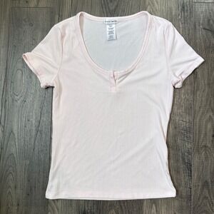 Perfectly Imperfect Ribbed Henley Tee Pastel Pink Short Sleeve‎ Casual Womens